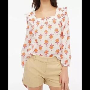J. Crew Cotton Square Neck Ruffle Top Size M White Fresh Cantaloupe‎ Womens